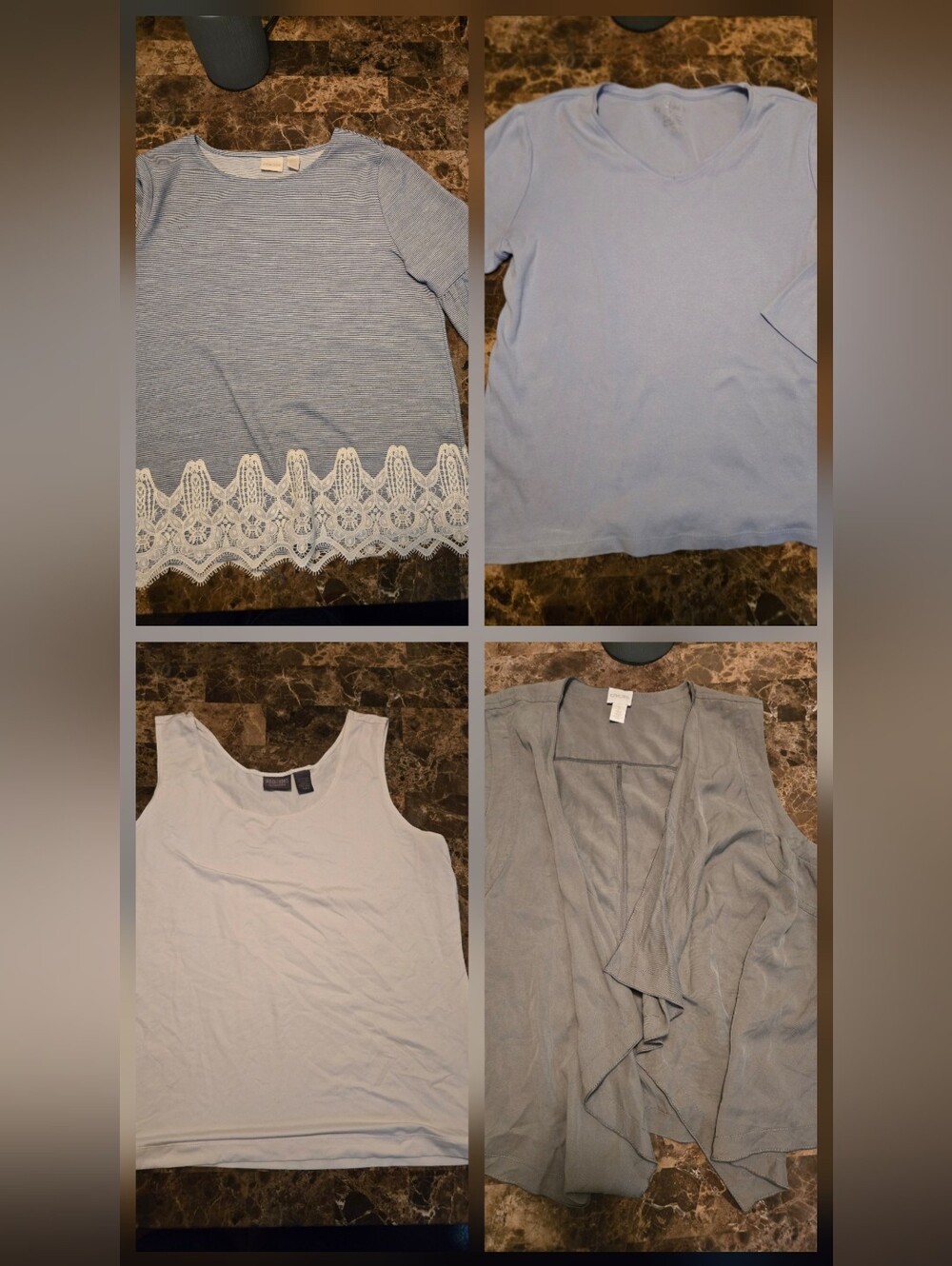 Lot of Four (4)Chico’s tops. Chicos Size 2/trad Size Large.